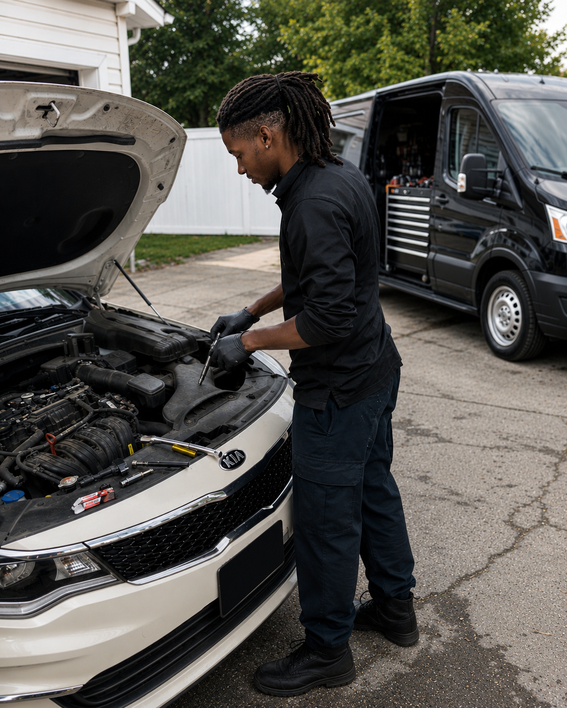 Valtek mobile mechanic servicing a car engine in a driveway with the service van behind him